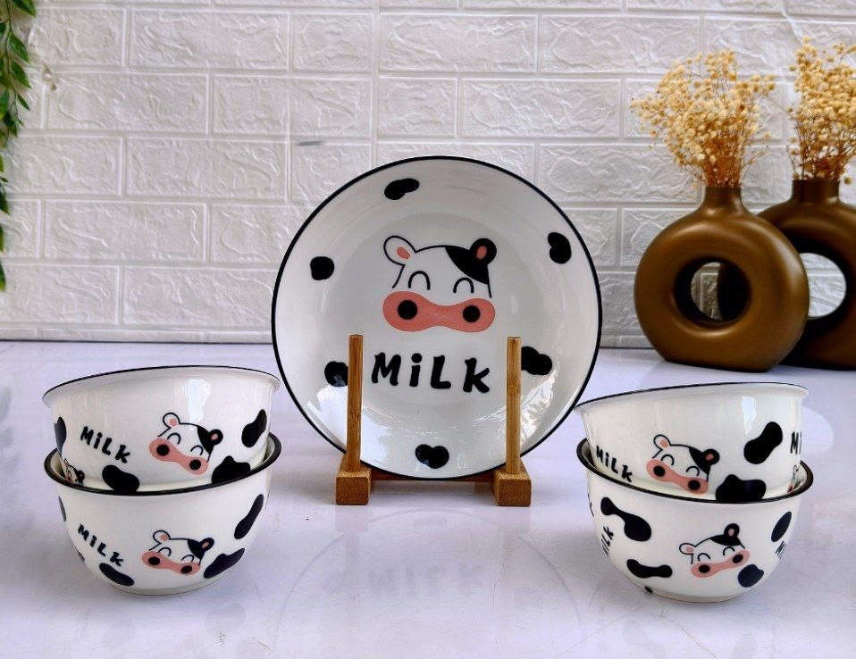 Spotted Cow Bowl & Plate Set