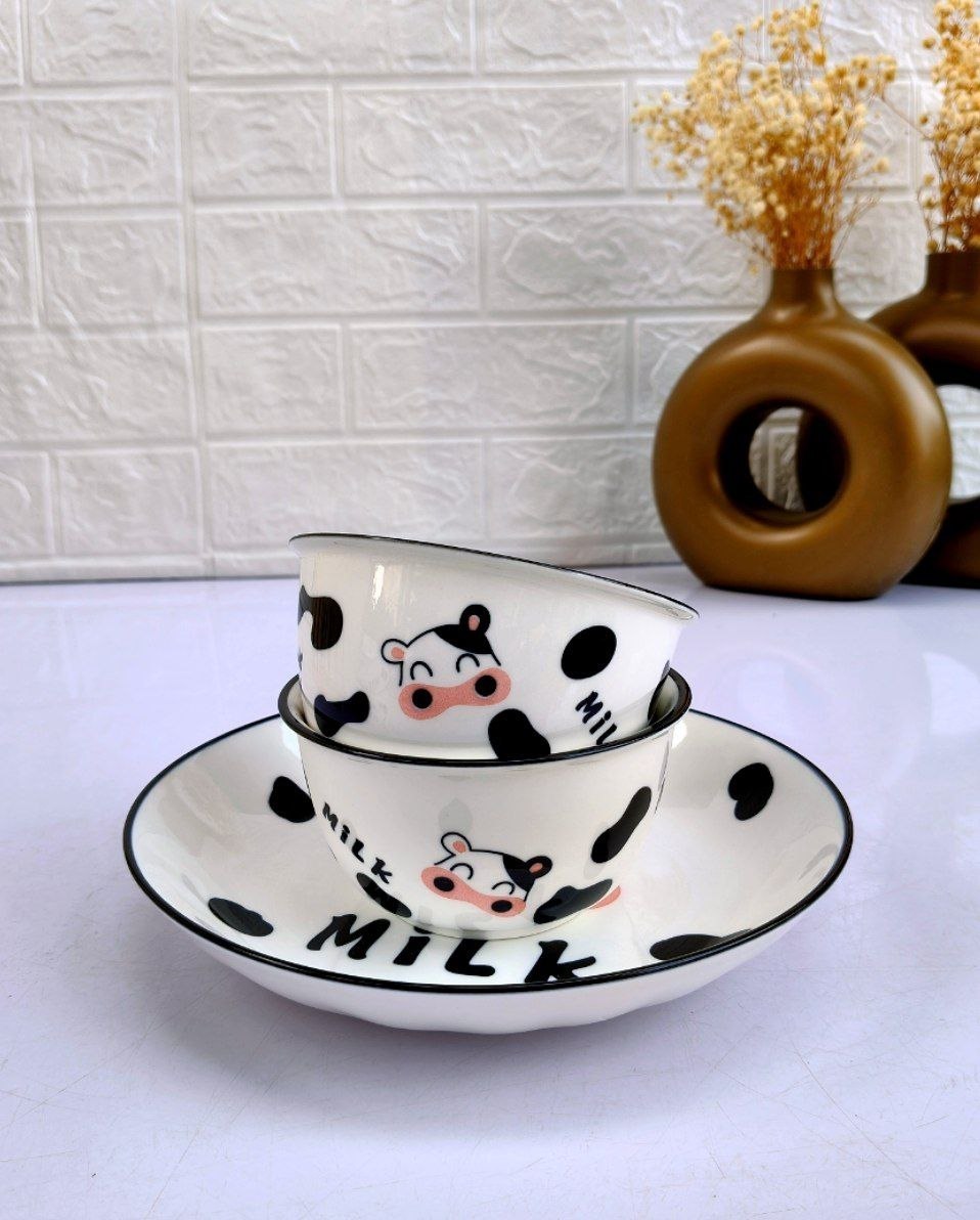 Spotted Cow Bowl & Plate Set