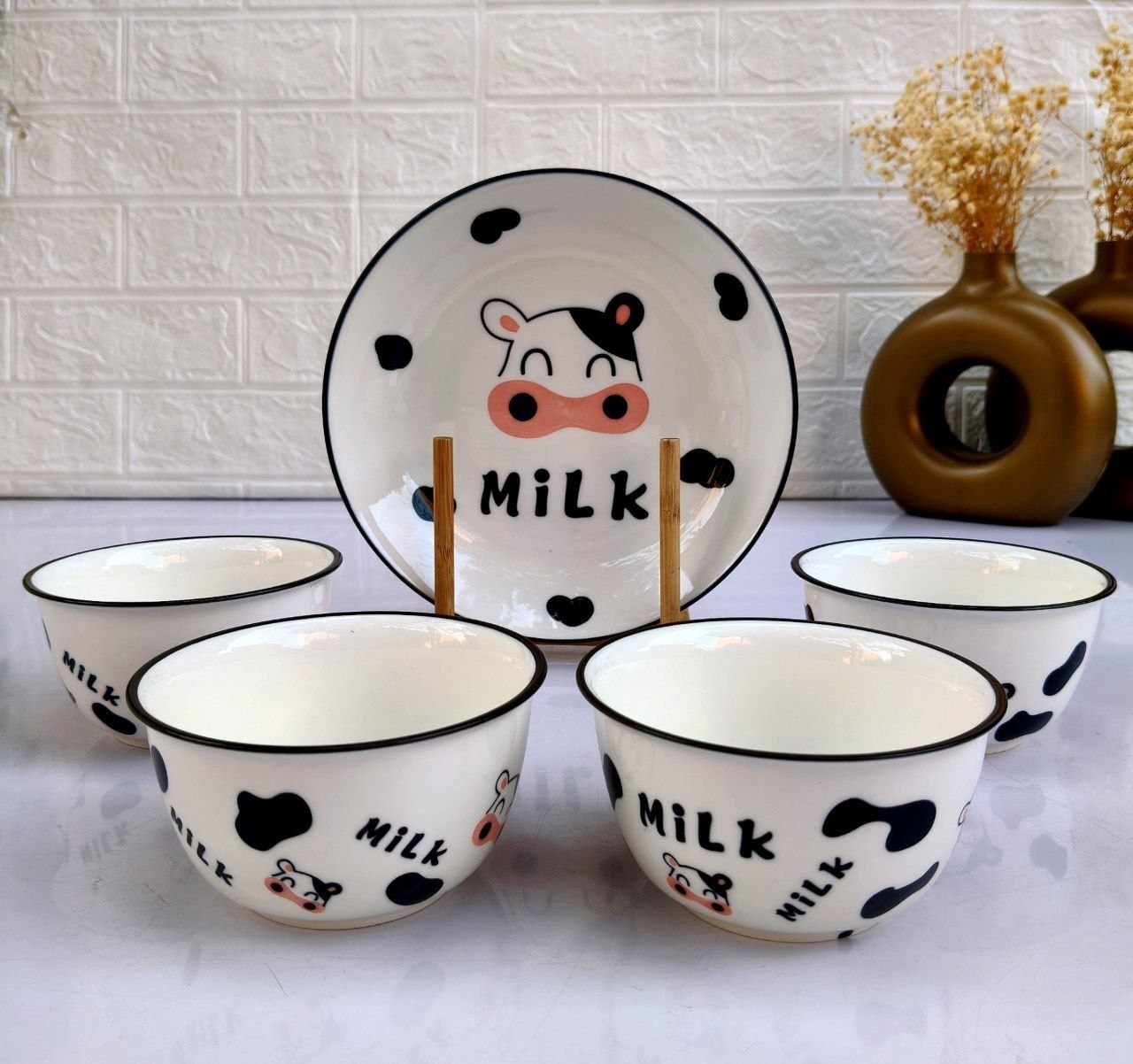 Spotted Cow Bowl & Plate Set