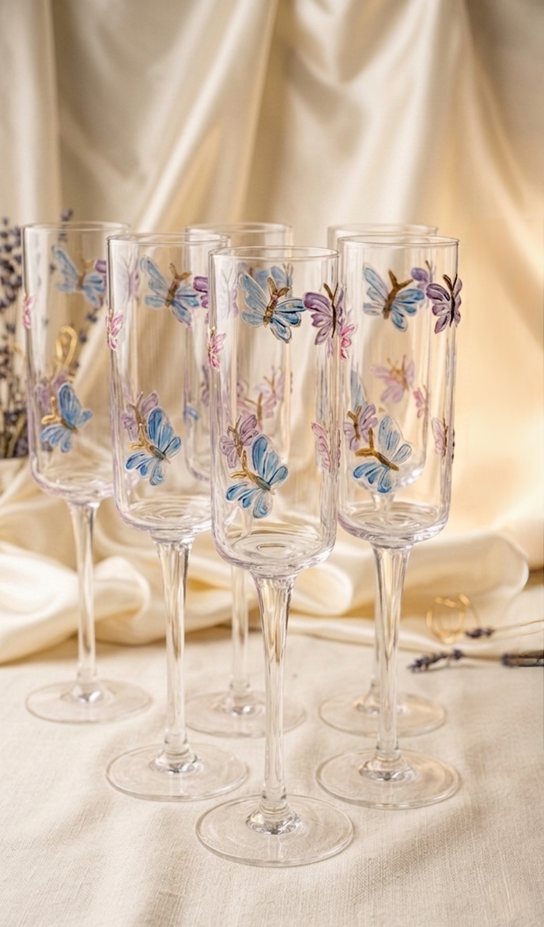Enchanted Butterfly Glass Flute set