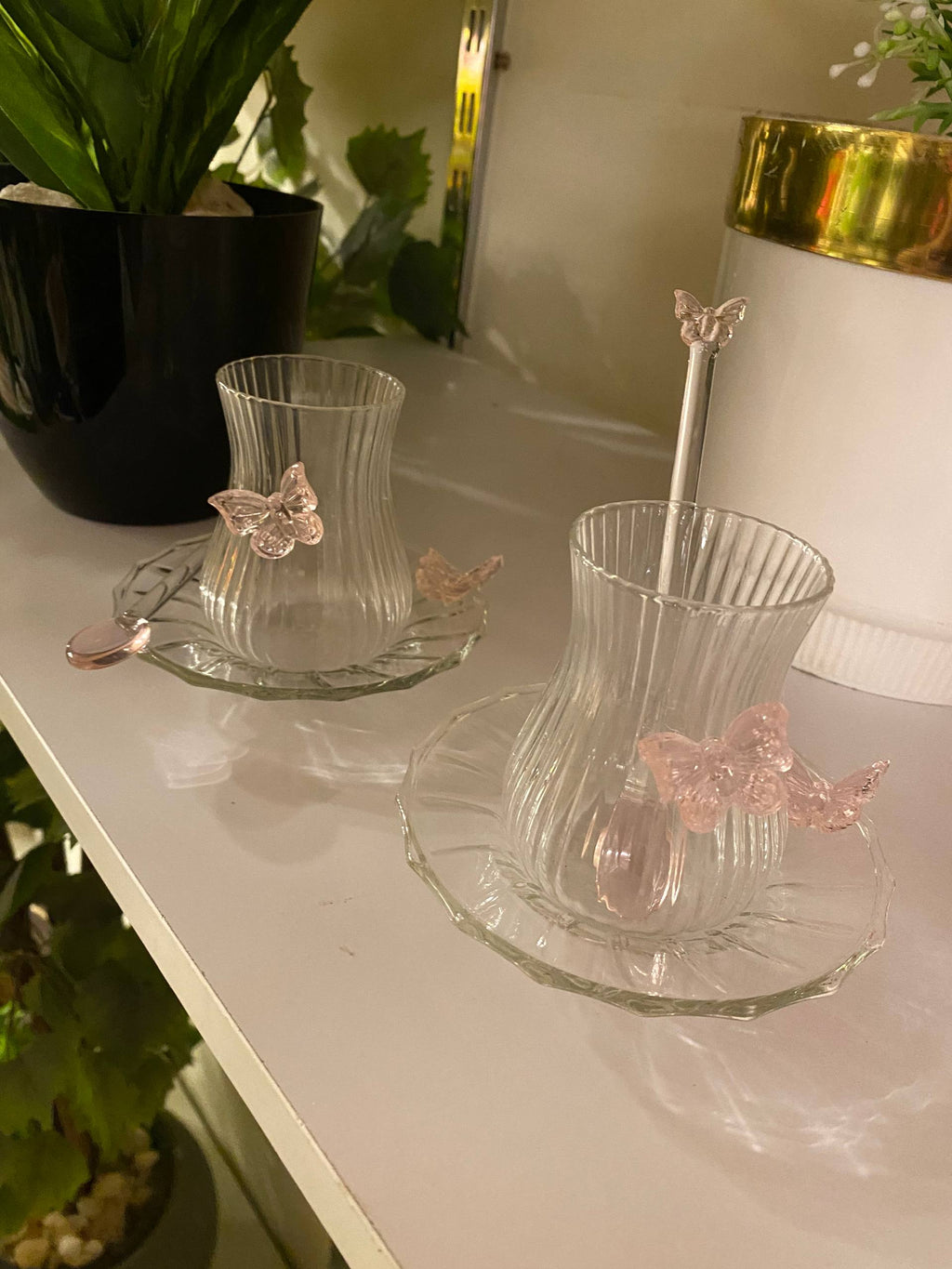 Pink Butterfly Glass Teacups set