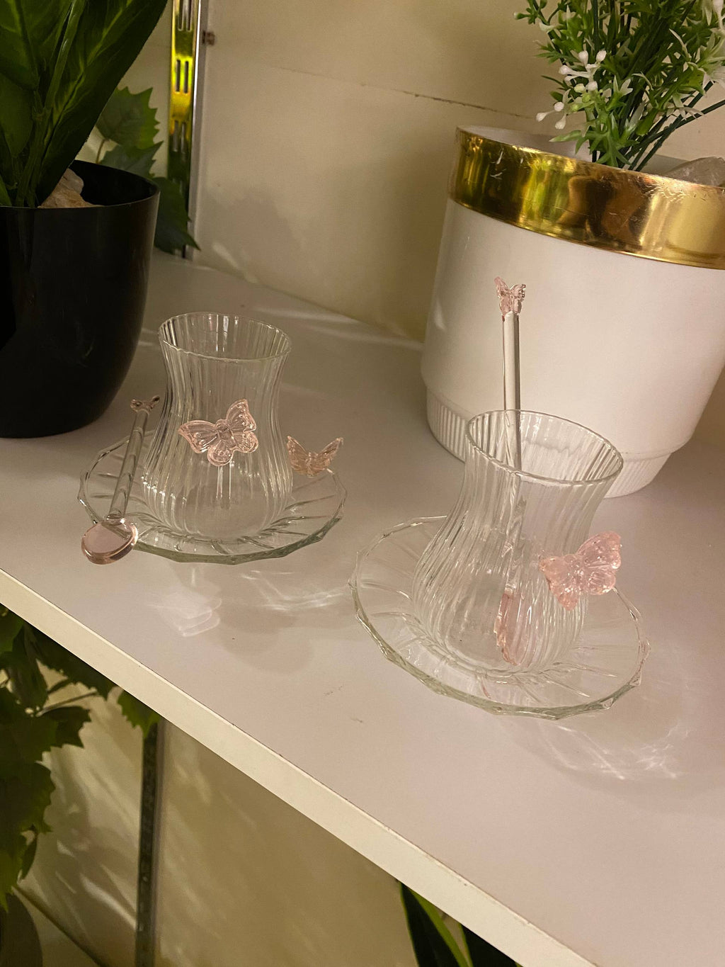 Pink Butterfly Glass Teacups set