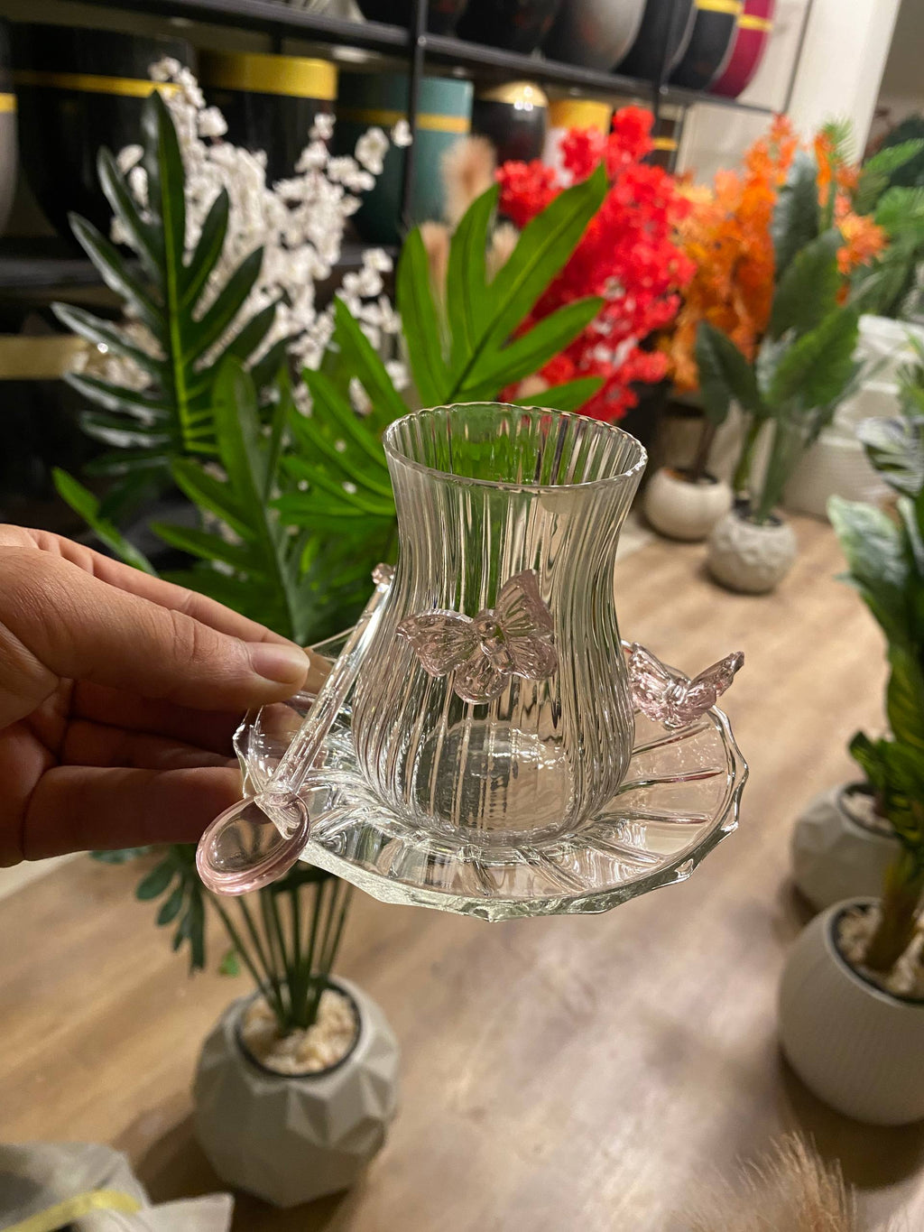 Pink Butterfly Glass Teacups set