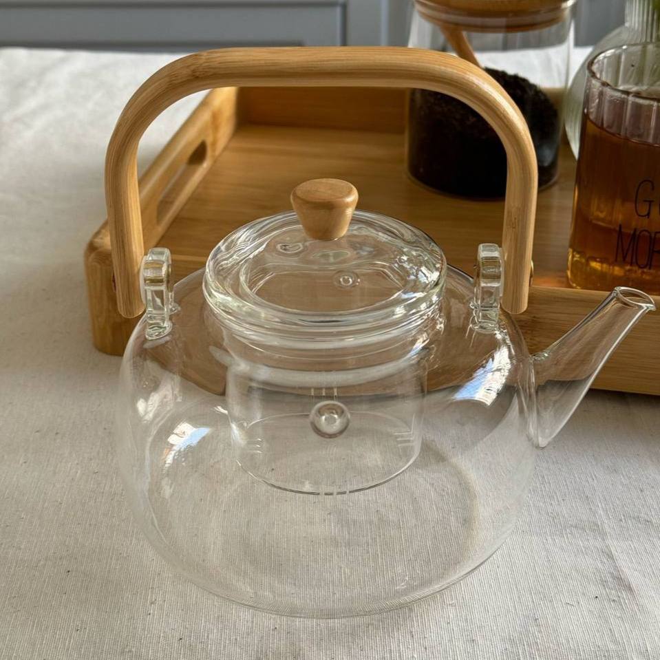Bamboo Handle Glass Teapot