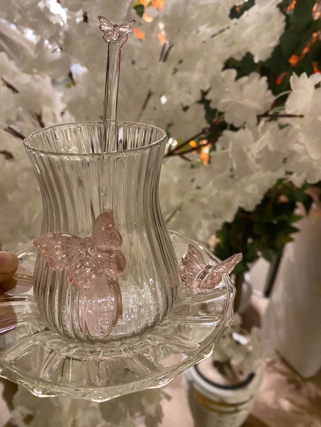 Pink Butterfly Glass Teacups set