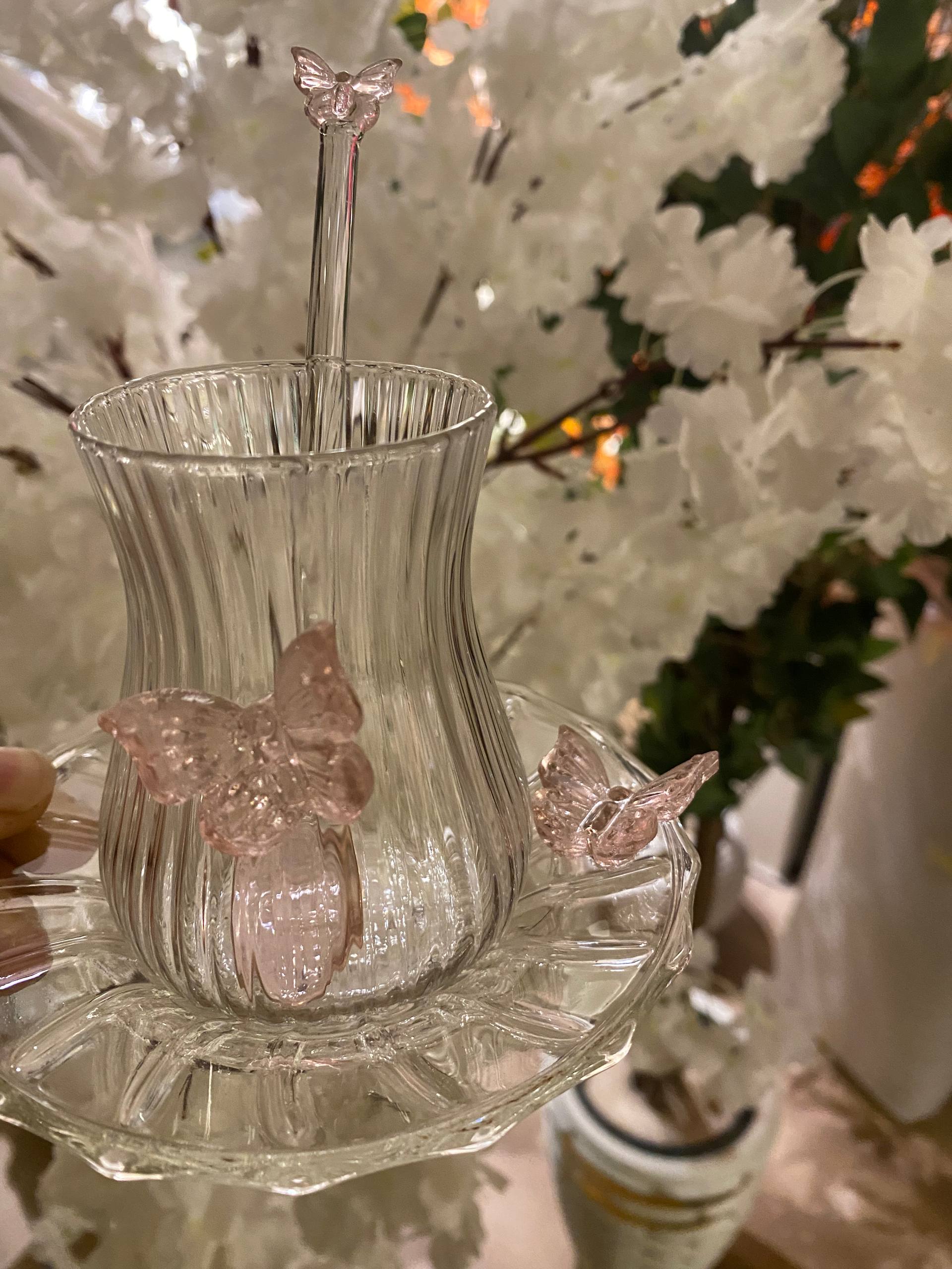 Pink Butterfly Glass Teacups set