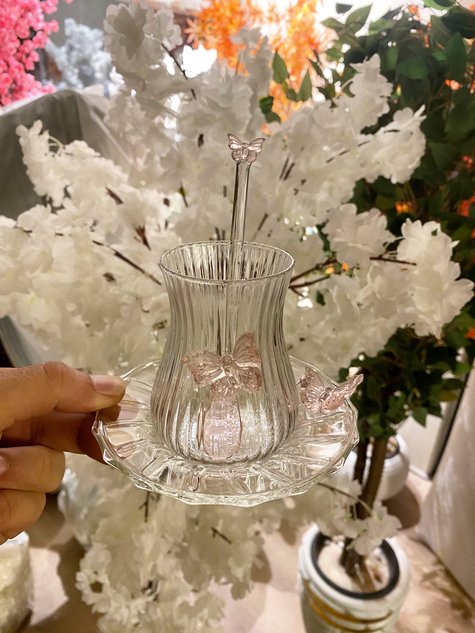 Pink Butterfly Glass Teacups set