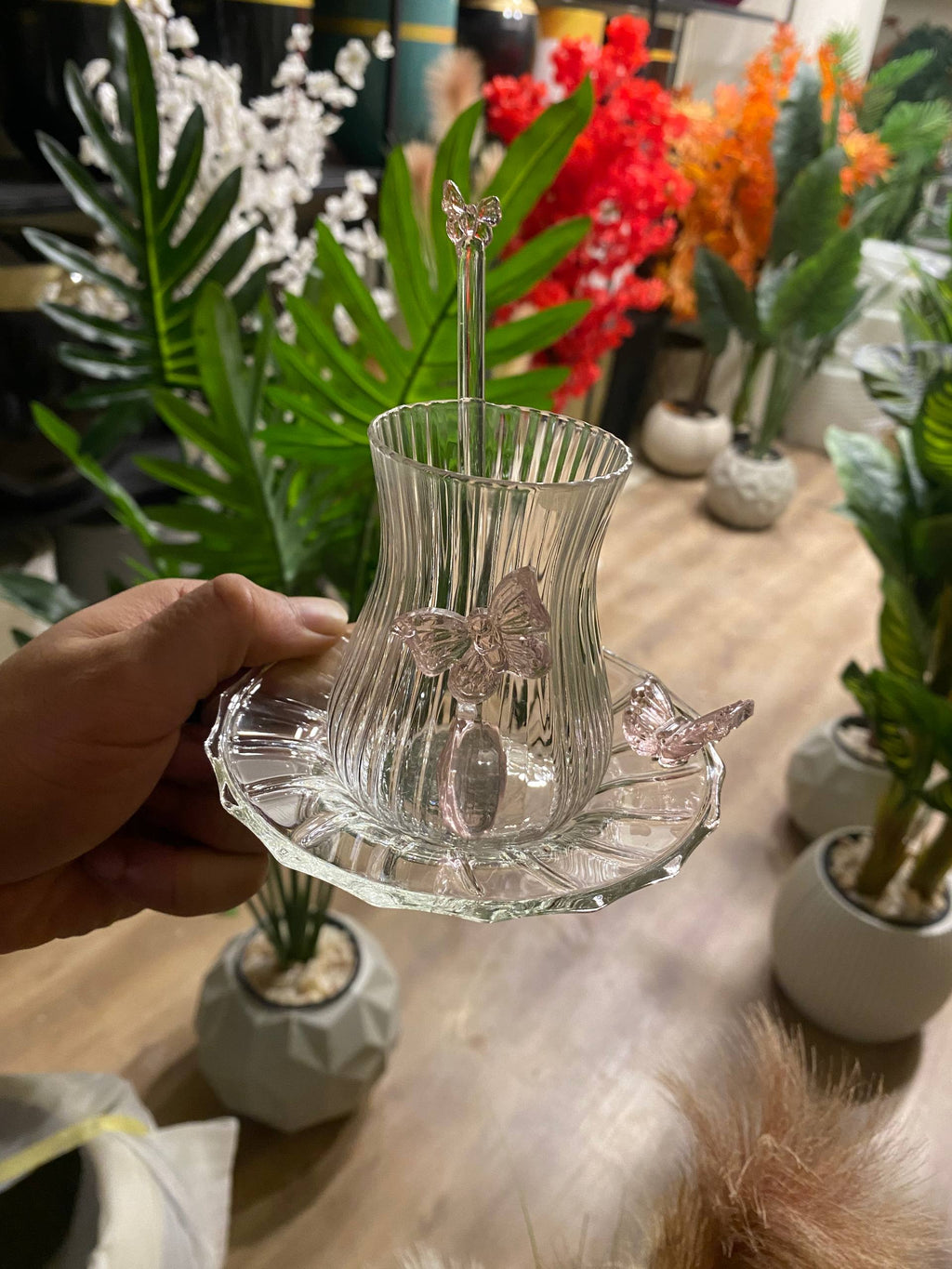 Pink Butterfly Glass Teacups set