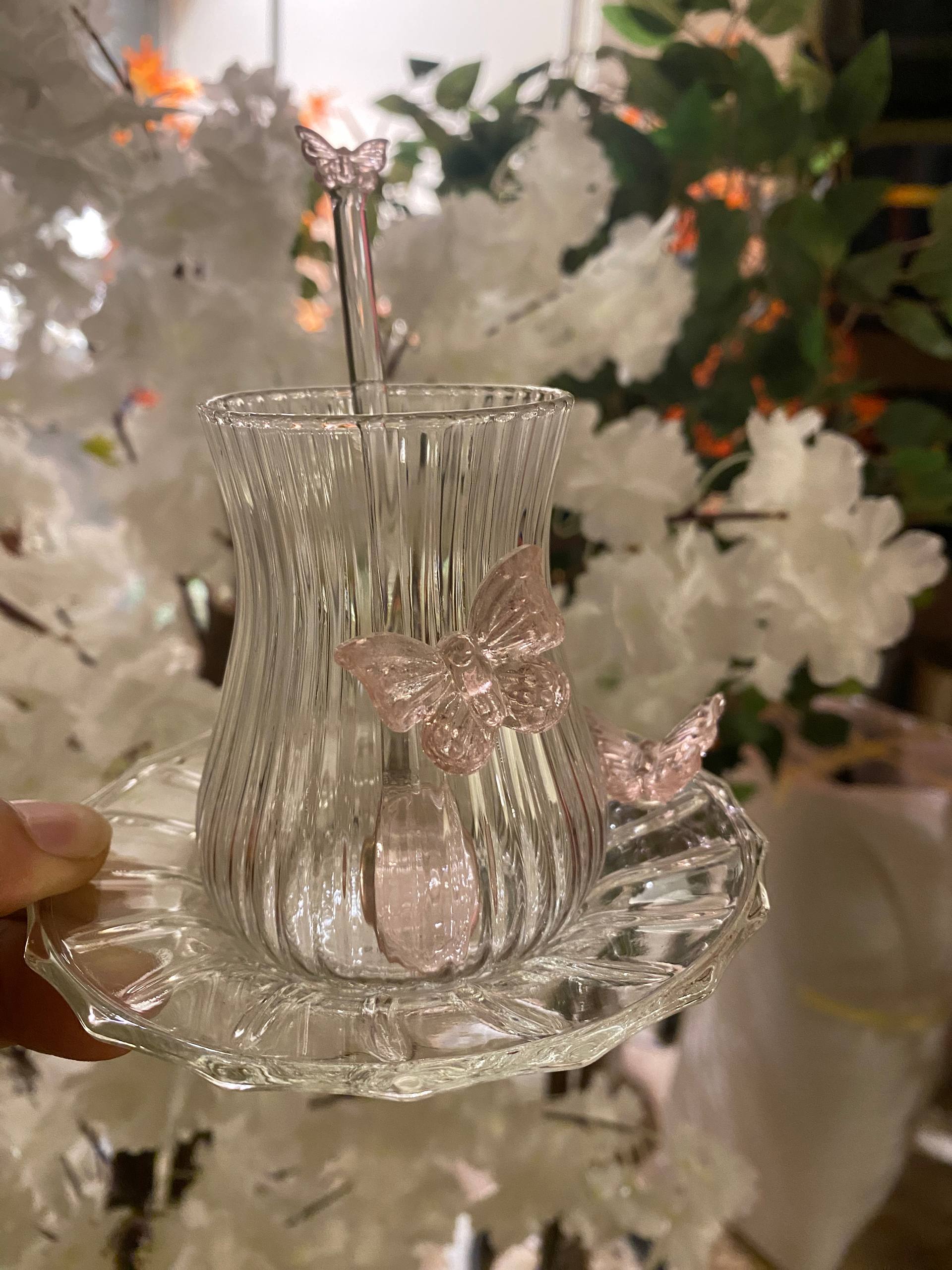 Pink Butterfly Glass Teacups set