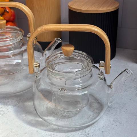 Bamboo Handle Glass Teapot